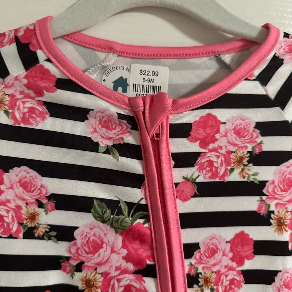 Baby Floral Romper with pink flowers & black stripes. Size 6-9 months - Picture 2 of 3